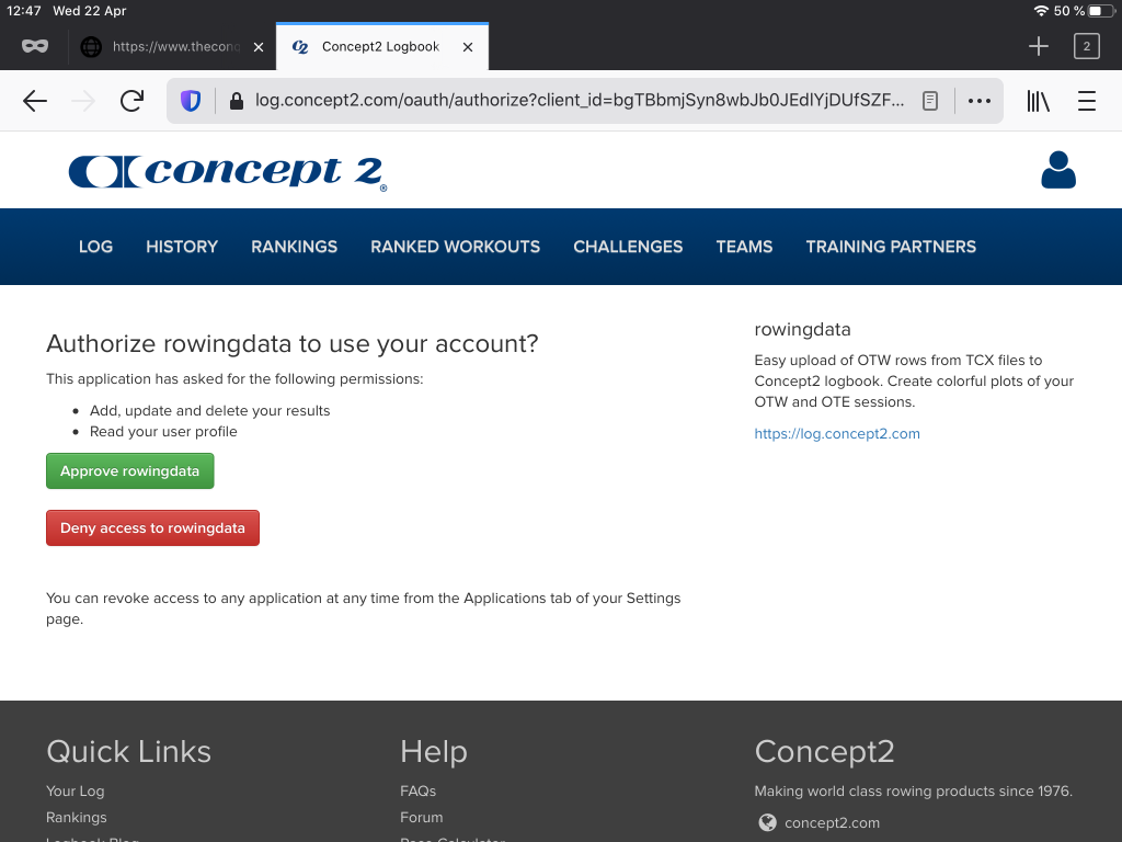 Registering for Rowsandall and connecting it to Concept2 logbook